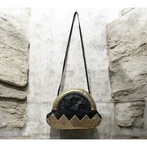 Vintage 1970s Timmy Woods Black & Gold Leather Purse‎ Crossbody Clutch Bag